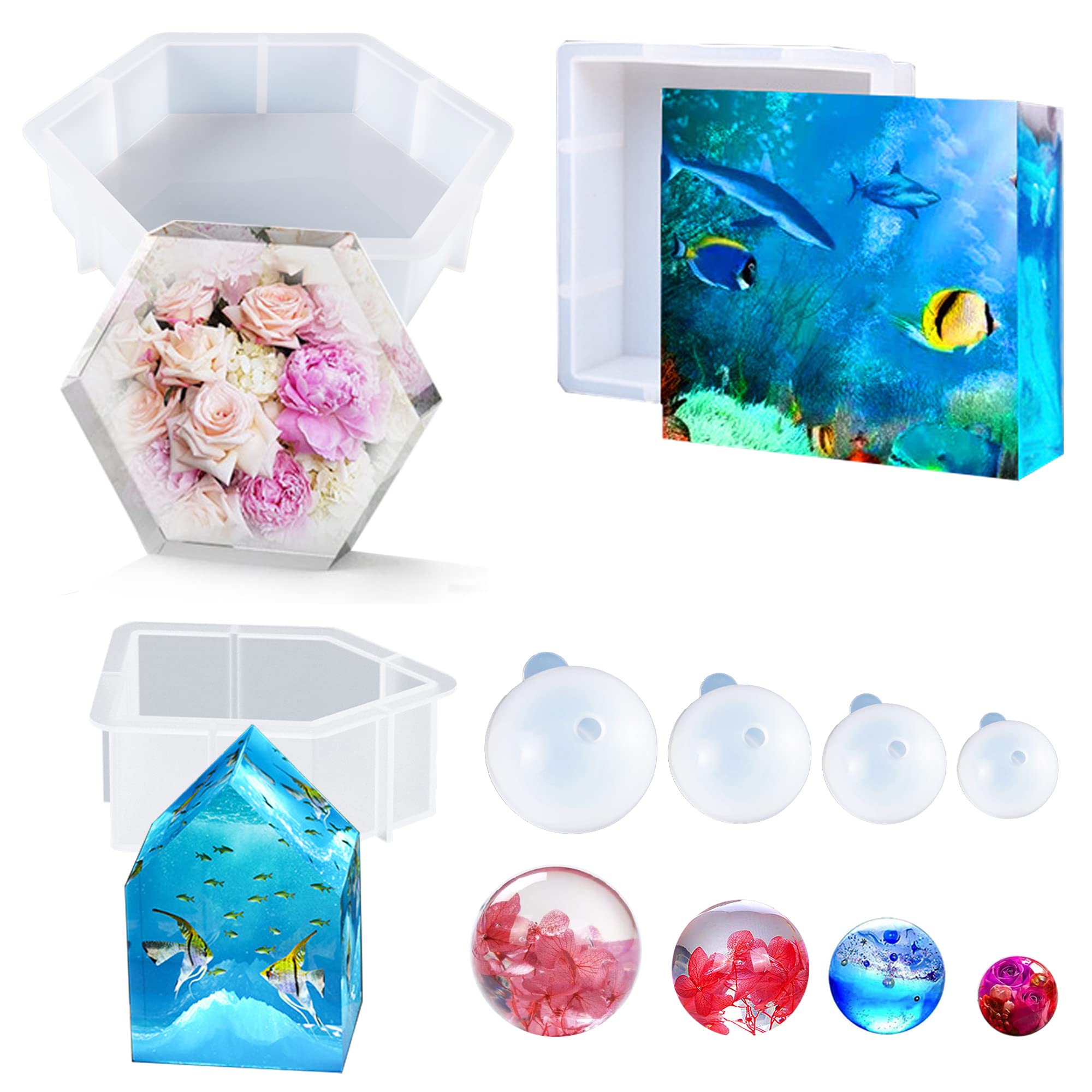 Cayway 7 PCS Large Silicone Resin Molds Set, Hexagonal, Square, House, Sphere Shapes, Silicone Construction