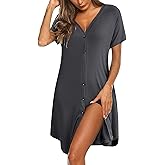 Ekouaer Women's Button Down Nightgown Short Sleeve Sleepshirt V Neck Night Shirt Soft Pajamas Dress with Pockets