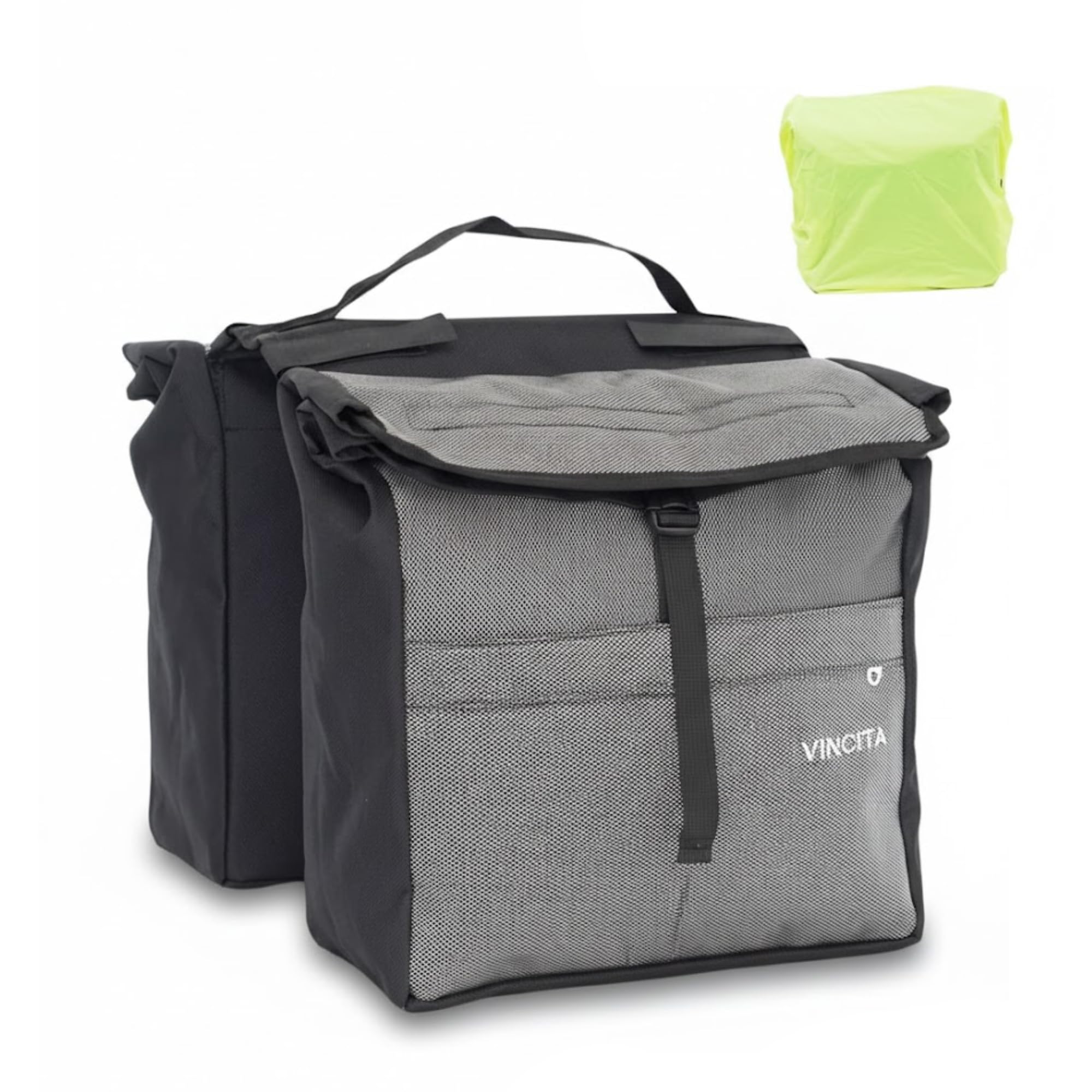 Vincita New Top Load Double Pannier Water Resistant Cycling Side Bags - 12 L with Rain Cover, Large, Carrying Handle, Reflective Spots - Bike Rack Carrier Saddle Bag - Bicycle Accessories (Towtone)