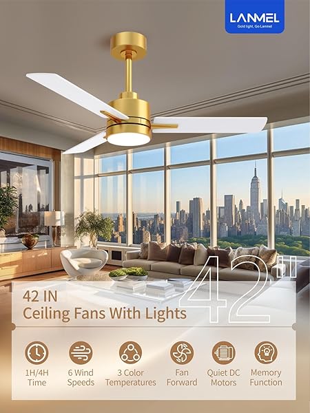 LANMEL 42” CEILING FAN WITH LIGHTS AND REMOTE, LOW PROFILE MODERN CEILING FAN GOLD, 6 SPEED, REVERSIBLE, 3000K-6000K LED, QUIET DC MOTOR FOR INDOOR OUTDOOR BEDROOM LIVING ROOM