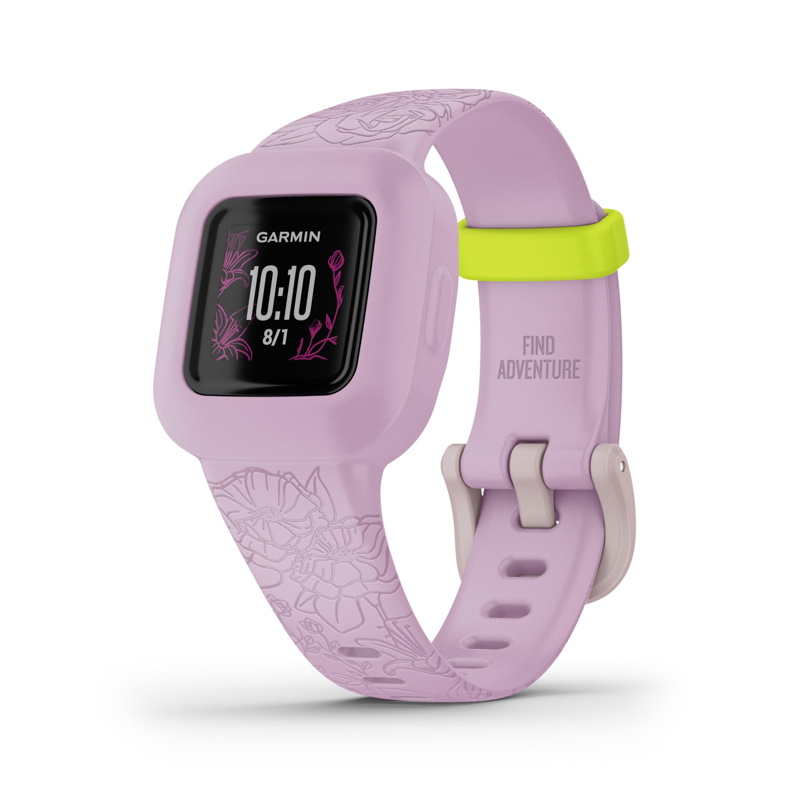 Garmin vívofit Jr.3, fitness tracker for Kids, includes interactive app experience, swim-friendly, up to 1-year battery life, adjustable watch band, Lilac Floral