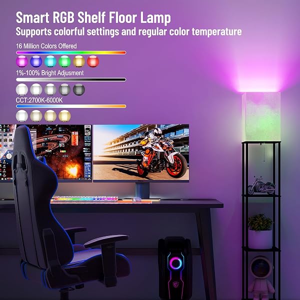 FLOOR LAMP WITH SHELVES, SMART APP CONTROL STANDING LAMP WITH RGB BULB, 4-TIER DIMMABLE FLOOR LAMPS FOR LIVING ROOM, TALL LAMP FOR BEDROOM, OFFICE, CORNER DISPLAY BOOKSHELF LAMP