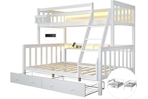 FJTJBSI Solid Wood Bunk Bed with Charging Station and LED Lights Detachable Bunk Bed Twin Over Twin with 2 Storage Drawers Full Size Bed Frame with Guardrail and Ladder for Kids Adults Bedroom