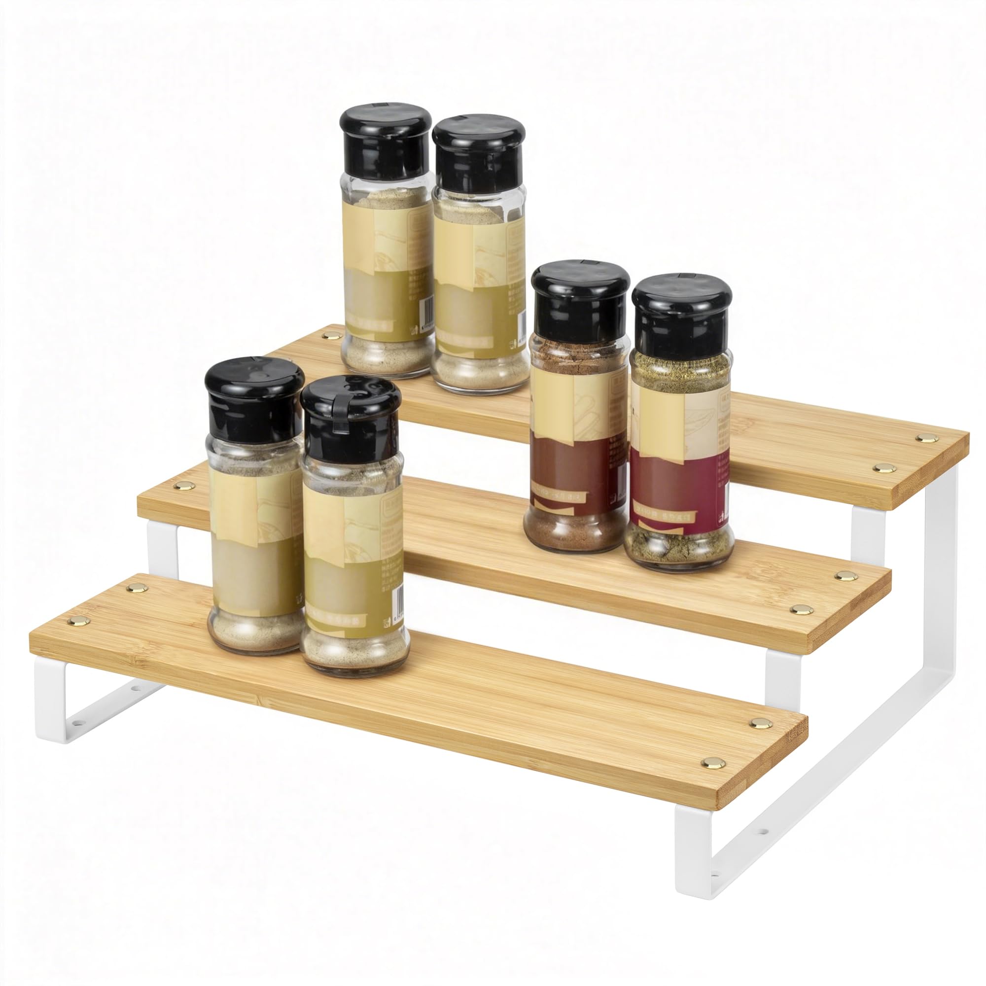 Lonian 3 Tier Spice Rack Organizer, Natural Bamboo Countertop Step Shelf Spice Storage Holder for Kitchen Cabinet Cupboard Pantry, Metal, White