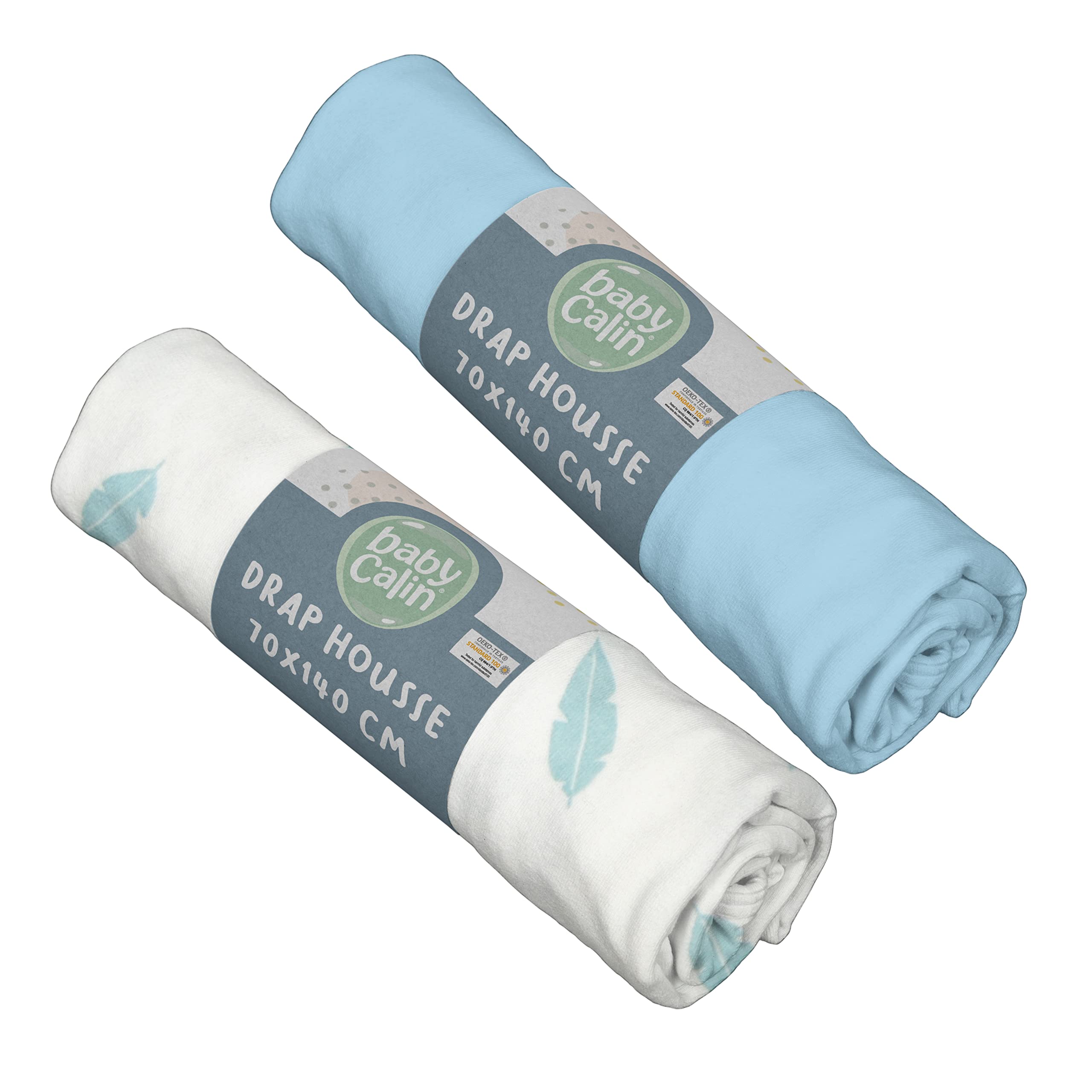 BabyCalin - Set of 2 fitted sheets 70x140x17cm Blue/blue feathers OEKO-TEX certified