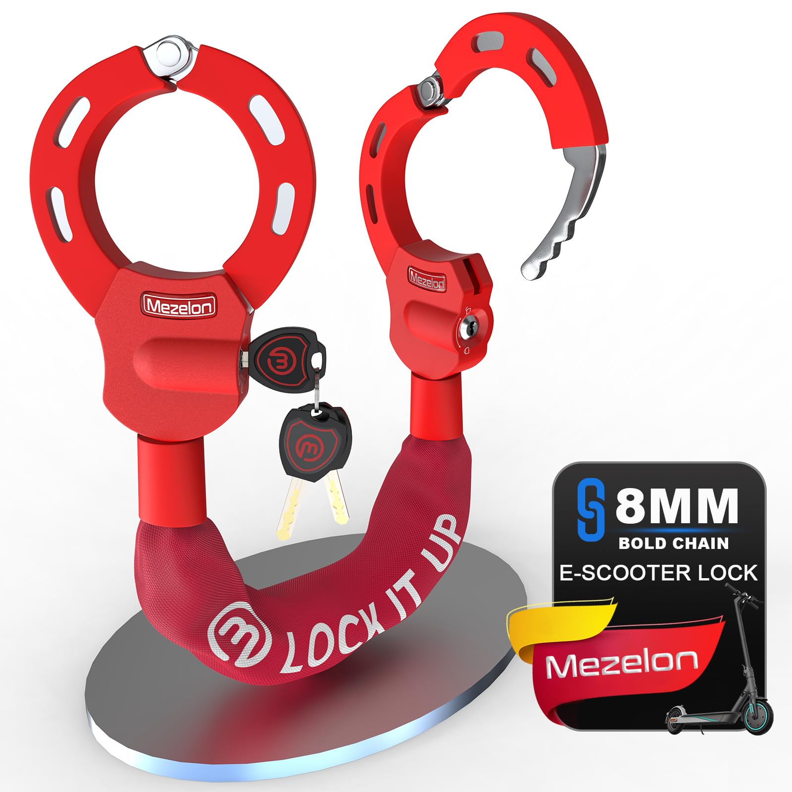 Mezelon High Security Handcuff Lock for E Scooter/Bikes/E-Bike/Motorcycle (Red - Style B)