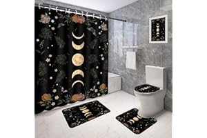 Coxila Moon Shower Curtain Set Black Halloween Space Star Galaxy Gothic Goth Witchy Spooky Celestial Toilet Lid Cover U Shaped Bath Mat 4 Pcs Decor Bathroom Non-Slip Rug Fabric Polyester 60x72 Inch