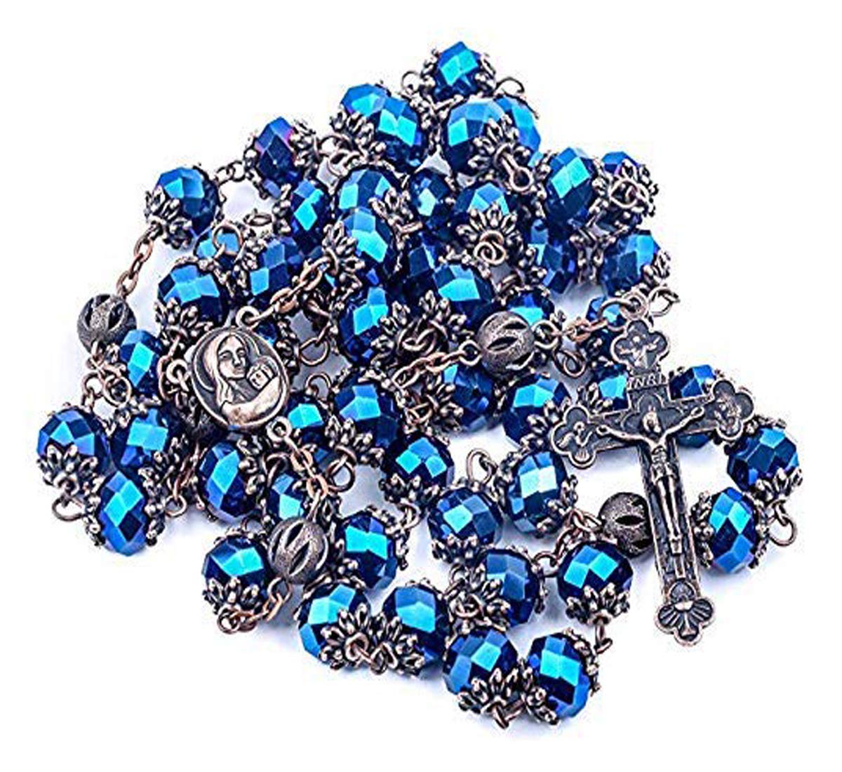 Nazareth Store Our Father Deep Blue Crystal Beads Rosary Necklace Holy Soil Medal & Cross Crucifix Antique Design