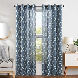 jinchan Curtains Print 84 inch Lattice Moroccan Tile Flax Linen Blend Curtain Textured Grommet Quatrefoil Window Treatment Set for Living Room Kitchen Blue Set of 2 Panels