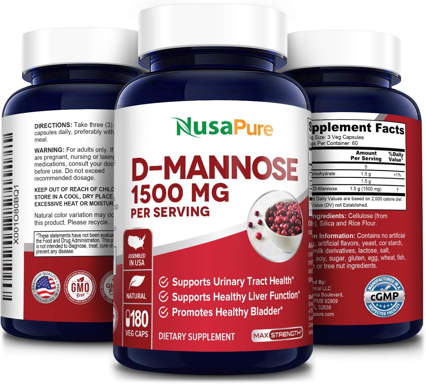 D-Mannose 1500 mg per Serving - 180 Vegetarian Capsules (Non-GMO & Gluten-Free).with Organic D-Mannose: Health & Personal Care