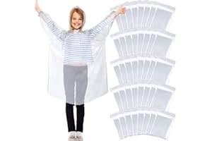 Berlune 40 Pcs Kid Ponchos Bulk Disposable Kids Rain Ponchos Bulk Emergency Raincoat with Drawstring Hood and Elastic Sleeves