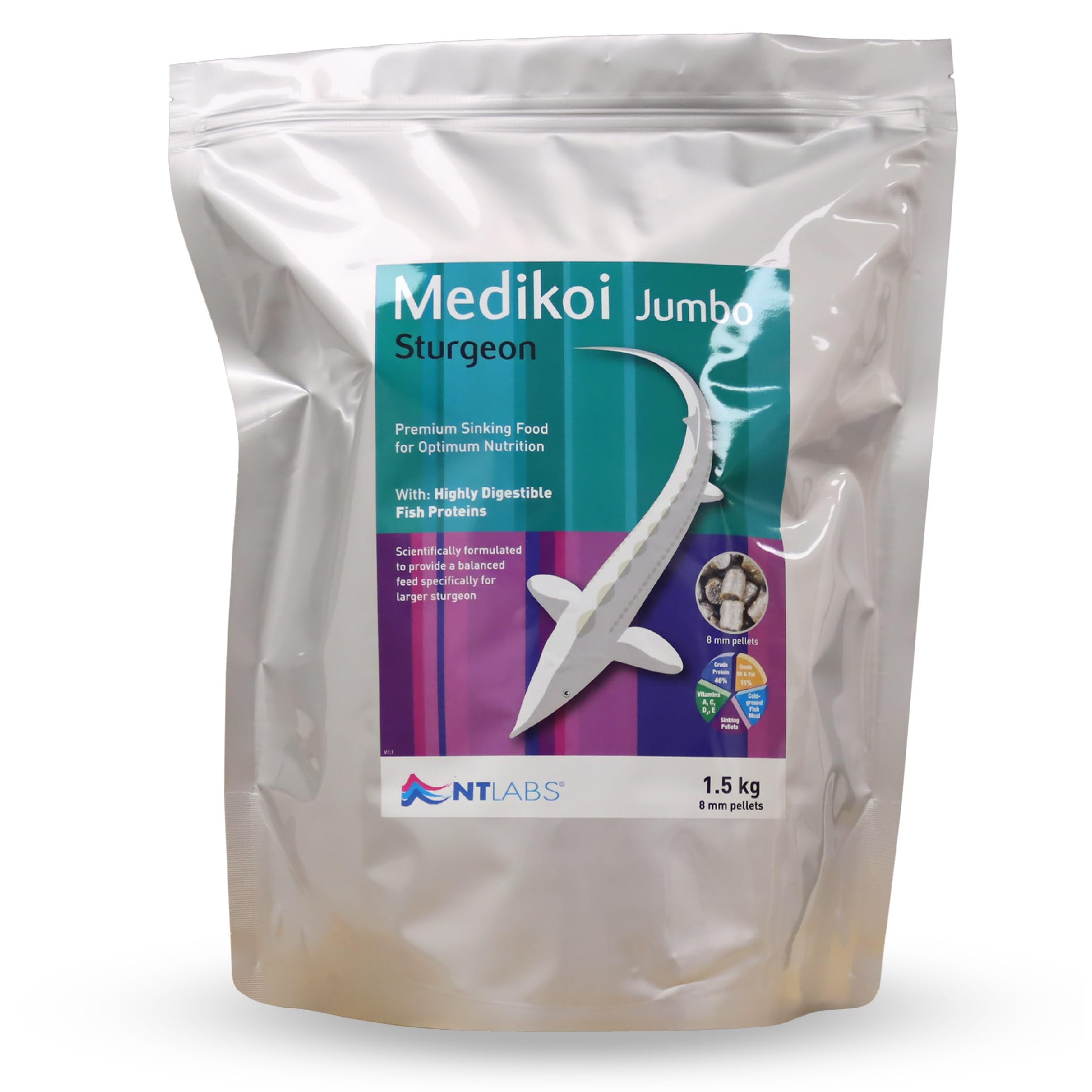 NT Labs Medikoi Sturgeon Multi-Season, Complete Feed For Sturgeon, Ideal For All Year Round Feeding, Fast Sinking Pellet, Highly Palatable Pond Fish Feed (1.5kg)(8mm)