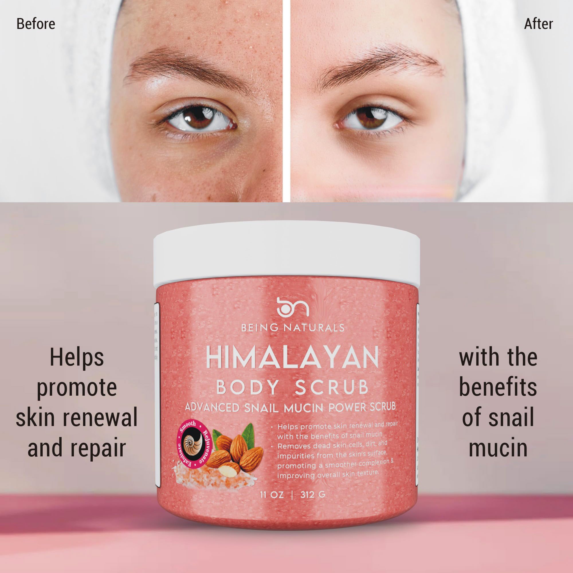 Natural Himalayan Salt Body Scrub - with Lychee Oil and Snail Mucin, Exfoliating Salt Scrub to Exfoliate & Moisturize Skin, Deep Cleansing - 11 oz