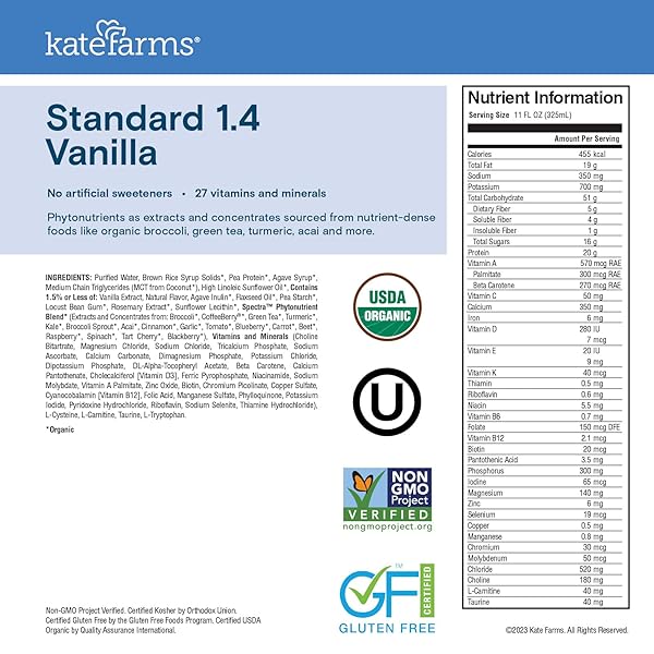 KATE FARMS ORGANIC 1.4 HIGH CALORIE NUTRITION SHAKE, VANILLA, 20G PROTEIN, 27 VITAMINS AND MINERALS, MEAL REPLACEMENT, 11 OZ (6 PACK)