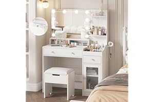 Vabches Vanity with Mirror and Lights, Makeup Vanity Table with Charging Station, Cute Vanity Set with Comfortable Bench, Dressing Table with 3 Storage Compartments, 39.8inch, White