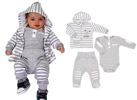 3-tlg. Baby Set Jogginganzug mit Body grau Gr.62-92 (68, Hose mit Füßchen)