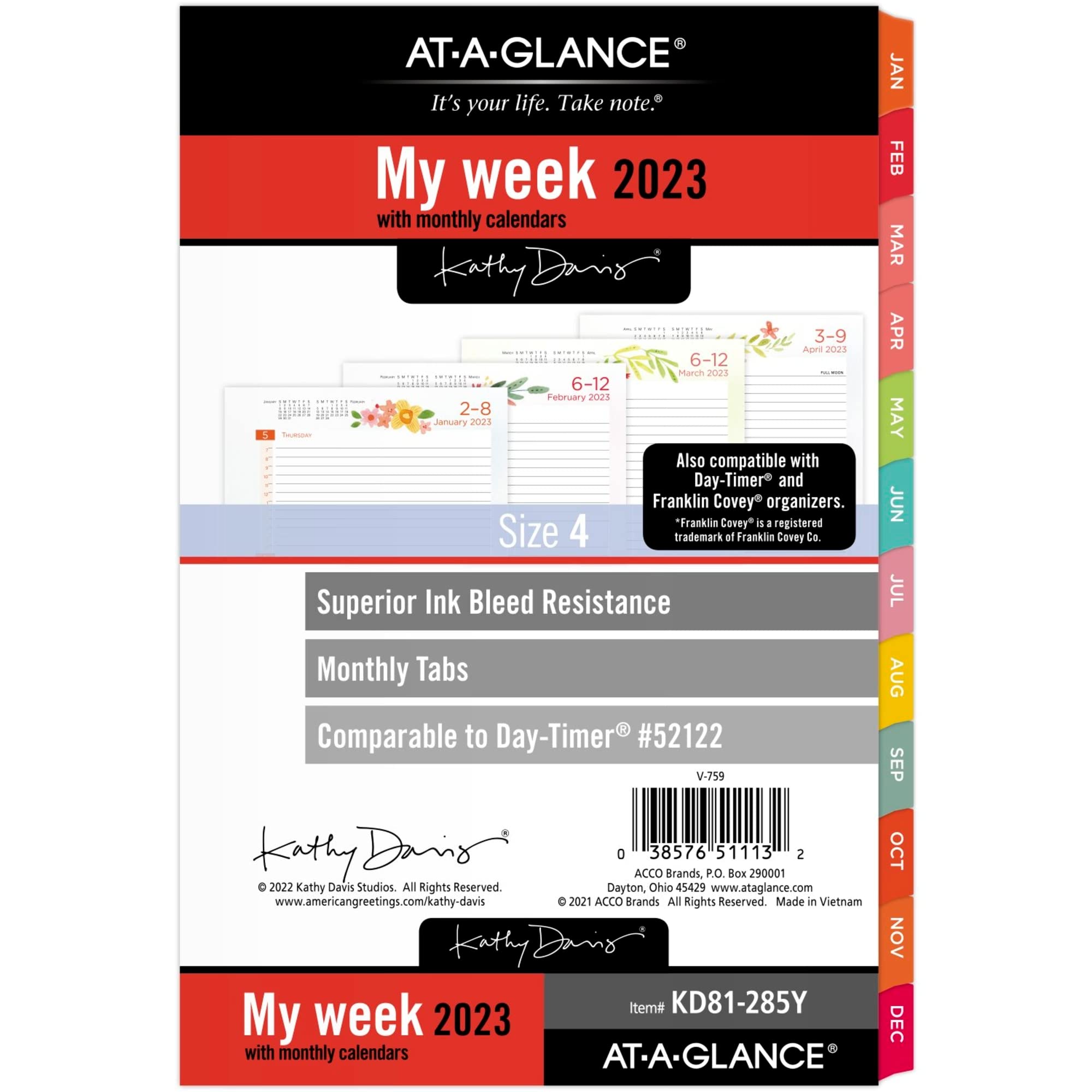 At-A-Glance 2023 Weekly & Monthly Planner Refill, 52122 Day-Timer, 5-1/2" x 8-1/2", Size 4, Desk Size, Monthly Tabs, Kathy Davis (KD81-285Y-23), Multicolor