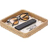 GUSHBIN Handwoven Rattan Key Bowl Natural Wicker Serving Tray with Mother-of-Pearl Inlay Decorative Square Serving Tray, White