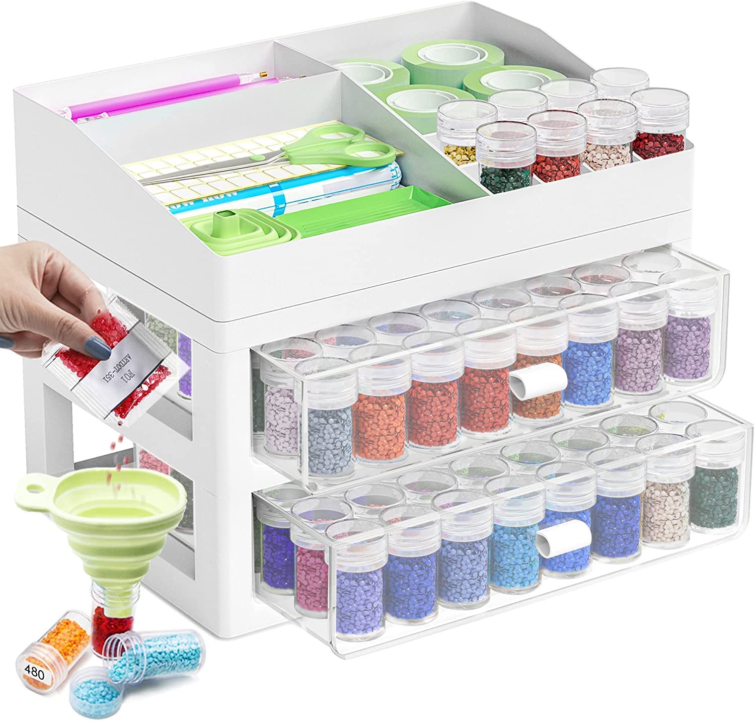 ARTDOT Storage Containers for Diamond Art Accessories, 2 Drawers with 96 Slots Bead Storage Bottles and Diamond Painting Tool Rack