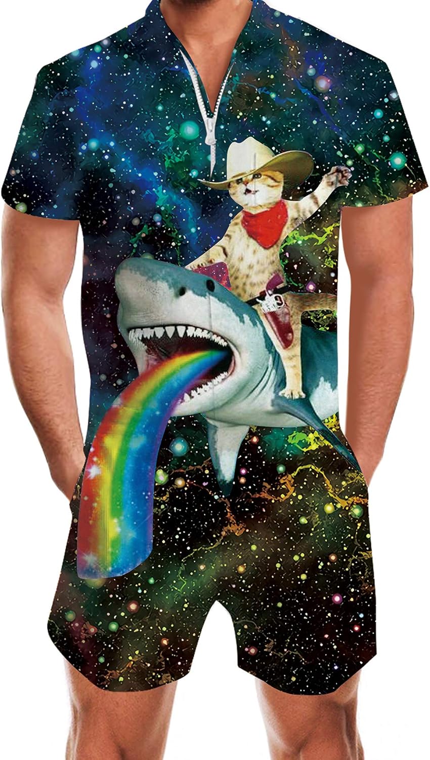 TUONROAD Mens 3D Graphic Rompers Summer Hipster Short Sleeve Jumpsuit