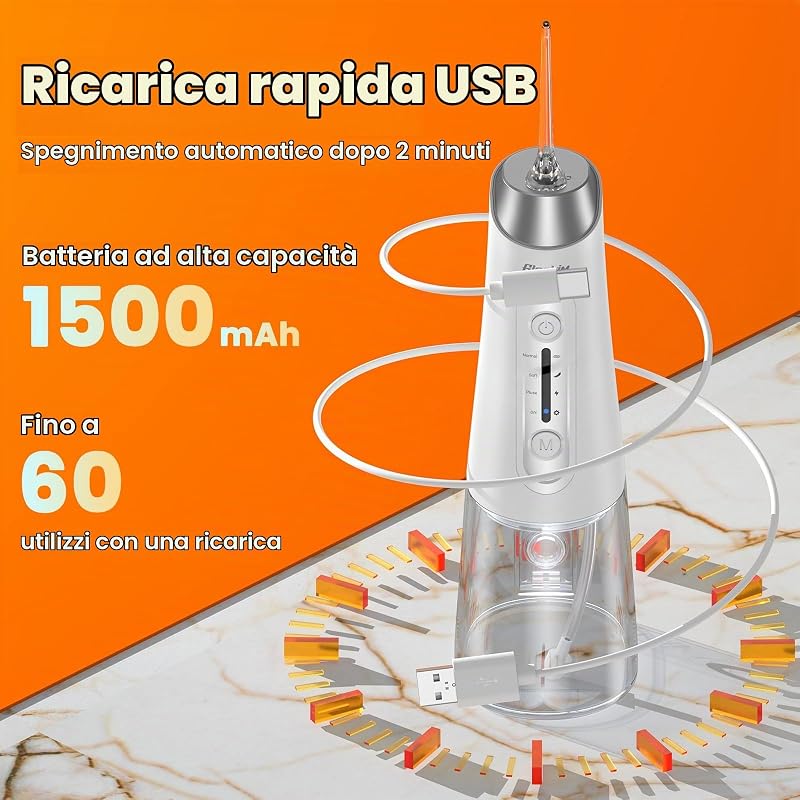Idropulsore Dentale Portatile Irrigatore Orale Pulizia Denti con 4 Modalità