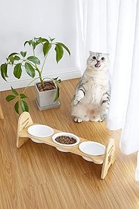 ALBOLET Raised Pet Bowl for Cats and Small Dogs,- Adjustable Elevated Dog Cat Food and Water Bowl Stand Feeder with 3 White Ceramic Bowls,Cat Dog Food Stand
