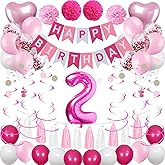 2nd Birthday Decorations for Baby Girl, Pink White 2 Happy Birthday Balloons, Birthday Party Supplies Including Pink Happy Birthday Banner, Number 2 Foil Balloons