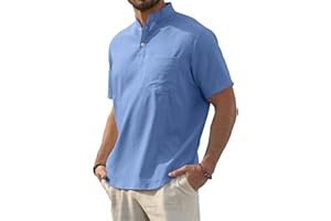 HYPESTFIT Men's Henley Shirt Short Sleeve Band Collar Summer Hippie Casual Beach Shirts T-Shirts with Pocket