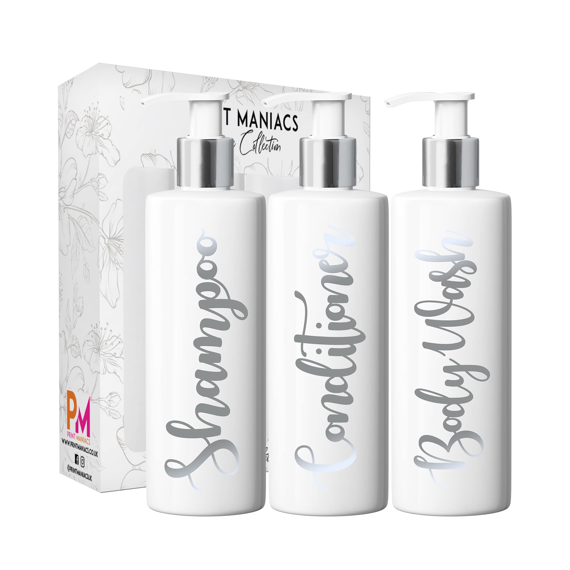 Print Maniacs 3 Set Mrs Hinch Inspired White Personalised Dispenser Pump Bottles Shampoo Conditioner Body Wash (Matt Silver)