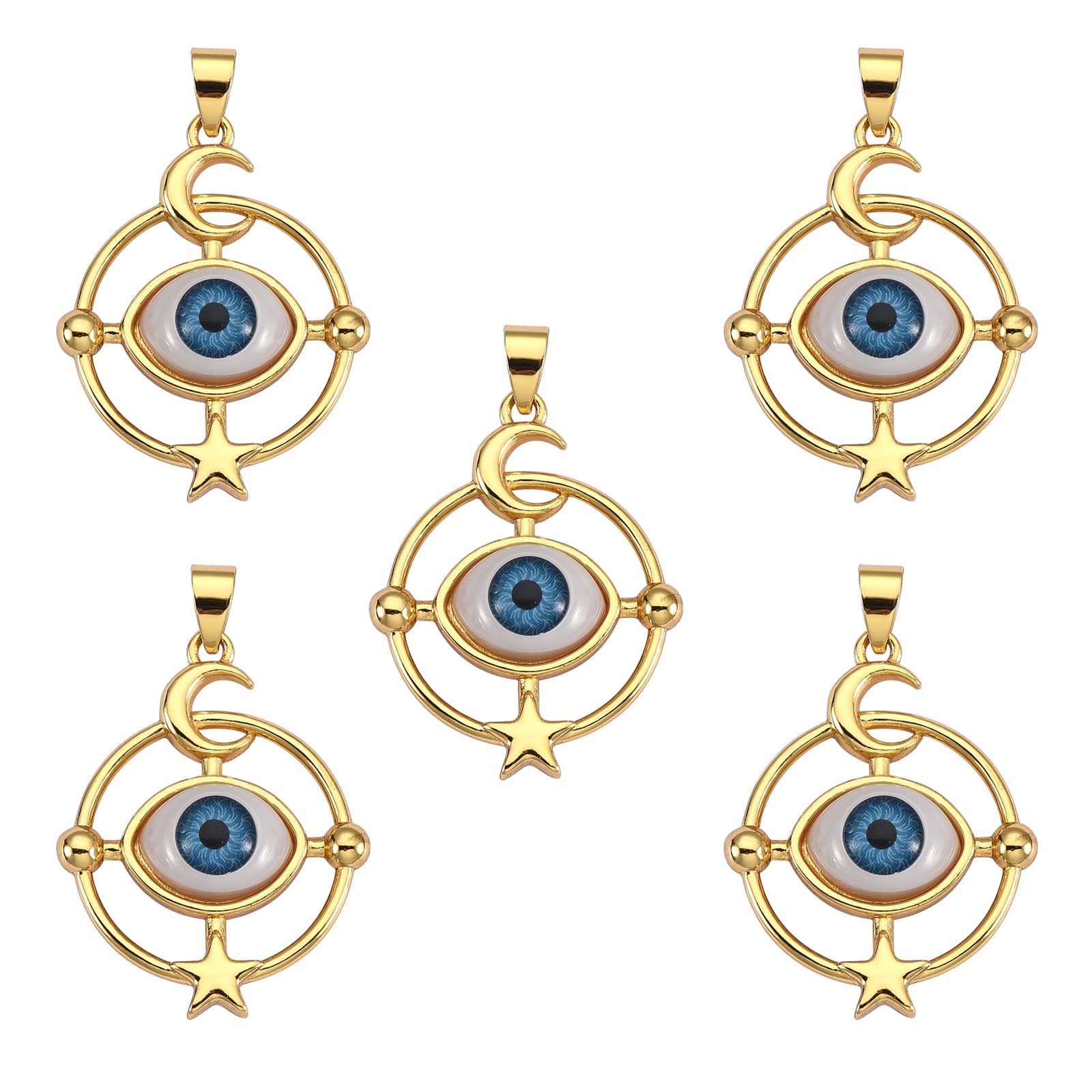 COGCHARGER 5 Pcs Flat Round with Eye Brass Charm Evil Eye Charms Pendants Long-Lasting Plated Brass Charm for Jewelry Necklace Bracelet Making