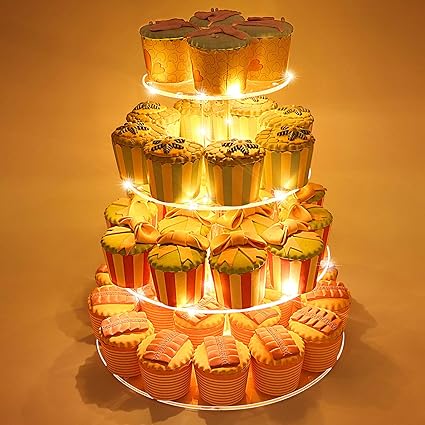 Amazon 4段円形アクリルカップケーキスタンド クリアケーキデザートディスプレイスタンド Ledストリングライト付き ウェディングパーティーツリータワースタンド Supperacrylic ケーキスタンド 通販