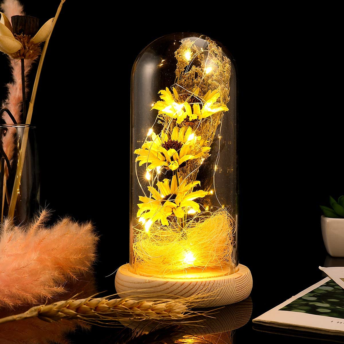 Uonlytech Led Sunflower Dome Lamp Mini Decorative Light Glass Cover for Home and Holiday Decor Charming Yellow Flower Table Ornament for Parties and Weddings