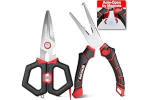 SNAIL TRAIL 7" Fishing Pliers & 6" Scissors Kit, Saltwater Hook Remover Tool Set, Serrated Blades Braided Line Cutter, Needle Nose Split Ring Fish Gear, Crimping Nipper for Fly, Fishing Gifts for Men