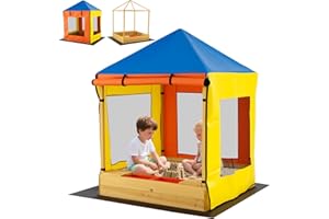 Costzon Kids Wooden Sandbox with Canopy, Outdoor Fir Wood Playhouse with Bottom Liner, Roll-up Door Curtains, Bench Seats & S