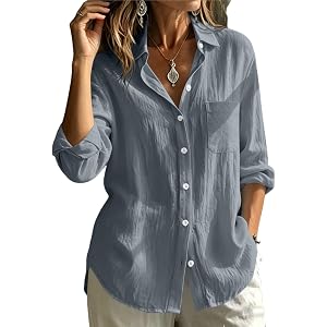 Aymnlox Button Down Shirts Women Cotton Linen Lapel Collar Long Sleeve Tops Loose Fit Business Casual Blouses with Pocket