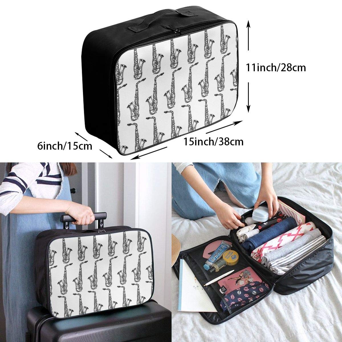 YueLJB Saxophone Art Pattern Lightweight Large Capacity Portable Luggage Bag Travel Duffel Bag Storage Carry Luggage Duffle Tote Bag
