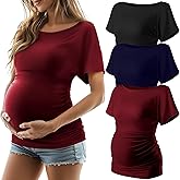 Ficerd 3 Pack Women's Maternity Shirts, Boat Neck Short Sleeve Pregnancy T Shirts Side Ruched Tunic Casual Summer Tee Tops