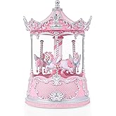 Valentine's Day Gift Pink Carousel Horse Snow Globe Music Box with Rotating Horses Musical Unicorn Snow Globe with Glitter for Girls, Women, Mom, Valentine's Day Birthday Gifts (Pink Silver Carousel)