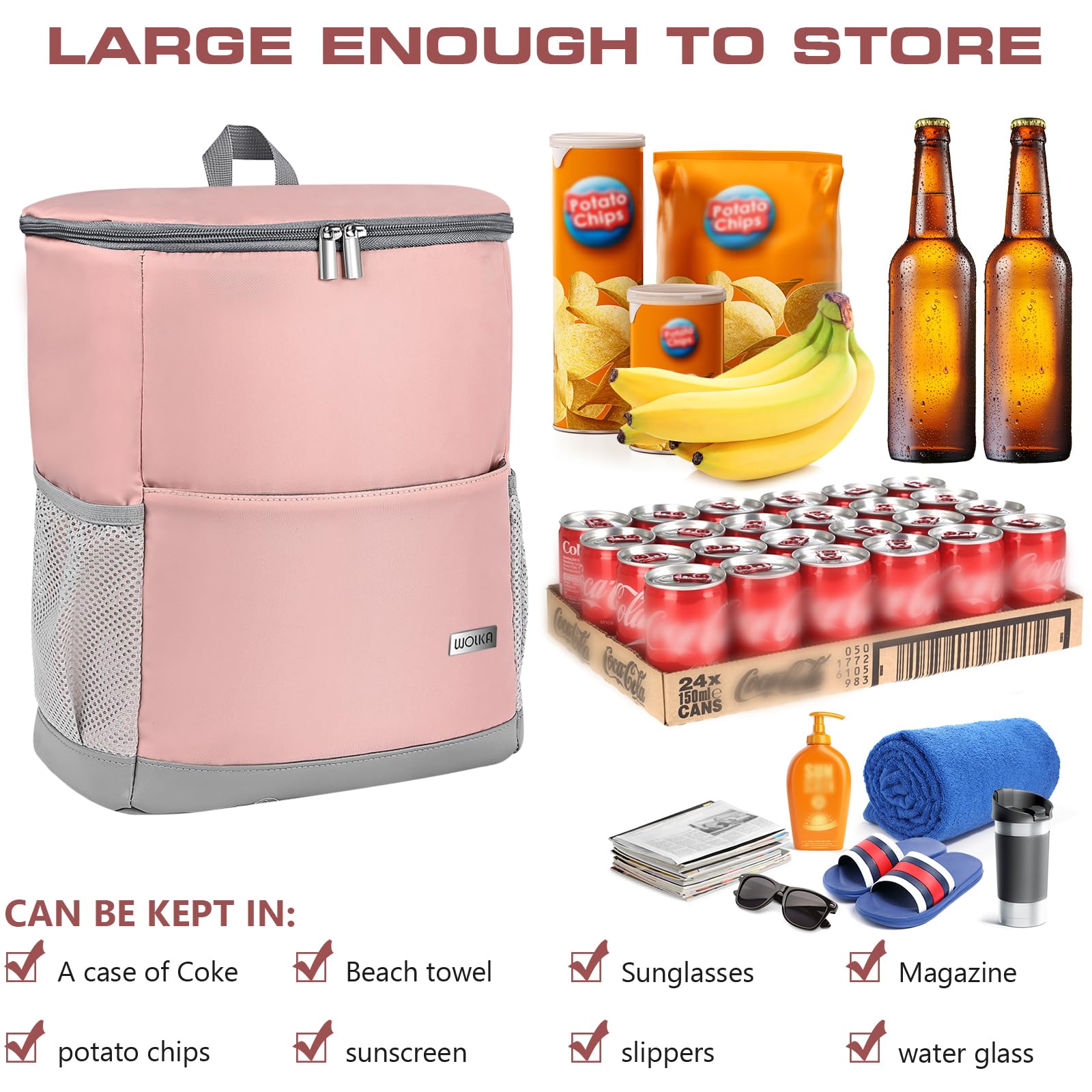 Insulated Cooler Backpack Small- Leak Proof Backpack Cooler 30 Cans, Waterproof Lightweight Cooler Bag for 12h Hot/Cold Retention - Portable Soft Cooler for Travel, Camping, Beach, Lunch-Pink