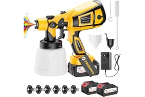 LUDERIGNITE Cordless Paint Sprayer with 650W Powerful Copper Motor, Sprayer Paint Gun with 6 Brass Nozzles, 2 Batteries & 1000ml (34oz) Container, Electric Paint Sprayer for House Painting Graffiti Fence Wall