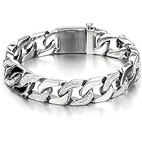 CoolSteelandBeyond Men's Stainless Steel Curb Chain Bracelet - Silver/Black Two-Tone, Cuban Link Design, 8.07" Length, 0.43" Width