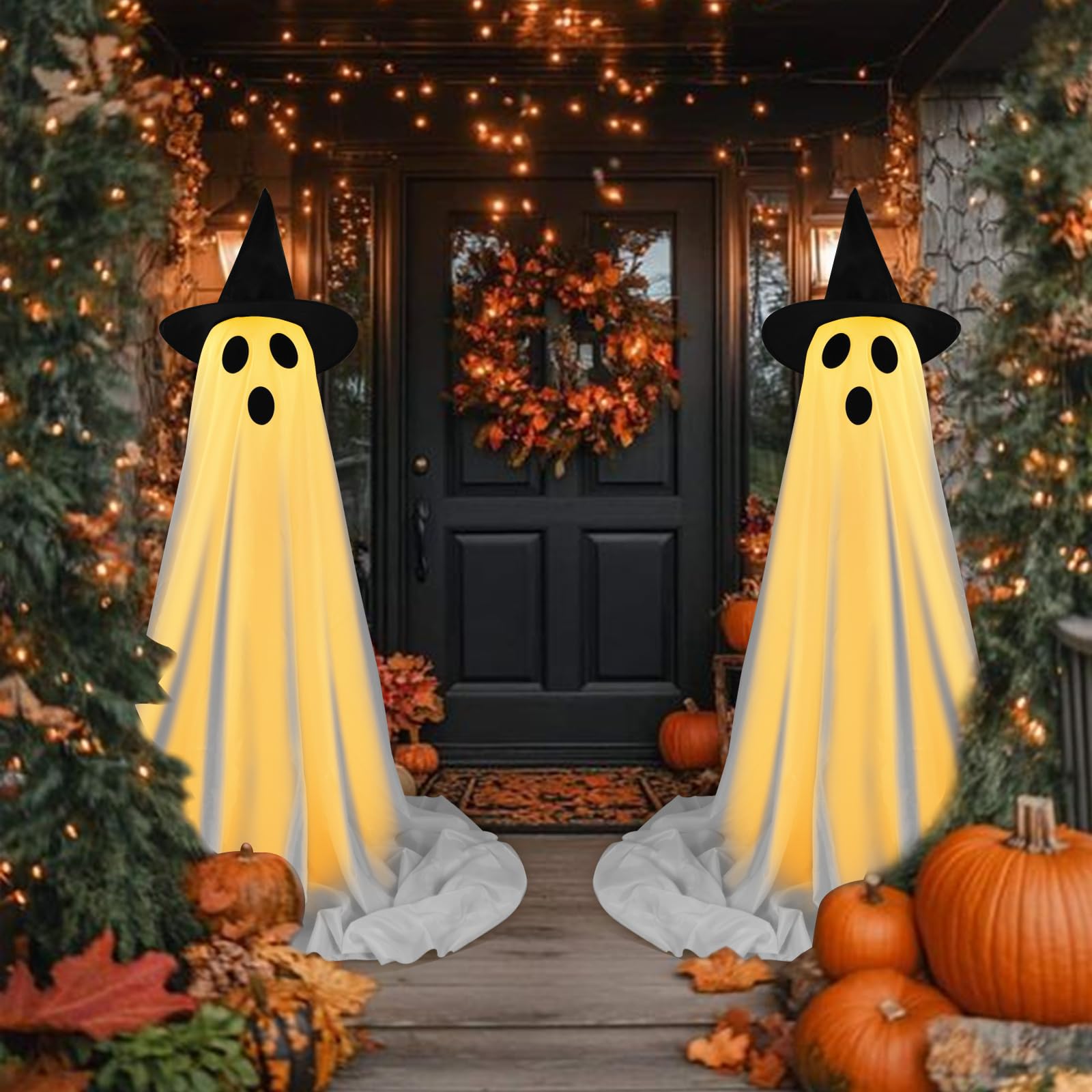 Photo 1 of Halloween Decorations Outdoor Indoor, 2 Pack Spooky Ghost with Witch Hat, Scary Ghost Decorations with LED String Lights, Terrifying Halloween Decor for Home Outside Porch Garden Yard Lawn Party