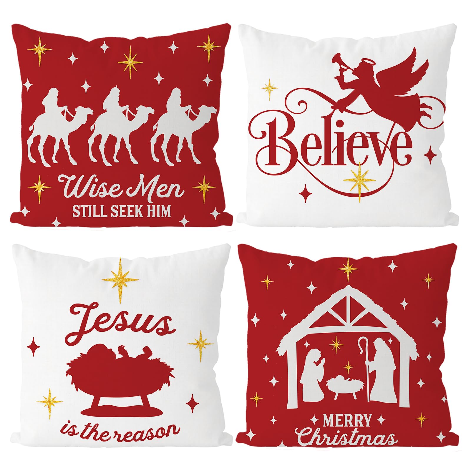 Tian Zhun Christmas Pillow Covers 18x18 Inch Set of 4 Nativity Religious Throw Pillow Covers Red And White Xmas Winter Decorative Cushion Covers Case Home Sofa Living Room Farmhouse Decor