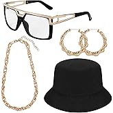 PHOGARY 80s / 90s Hip Hop Costume Kit 90s Outfits for Women, Rapper DJ Outfits Punk Gold Chain Bucket Hat Vintage Glasses Bamboo Hoop Earrings Hip Hop Jewelry Set for Women/Men (Style A)