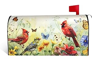 ADIKJXQH Spring Summer Flowers Magnetic Mailbox Covers Standard 18 X 21 Inch Red Birds Mailbox Cover Waterproof Post Wraps Floral Birds Mailbox Post for Garden Yard Home Decor Seasonal Mailbox Cover