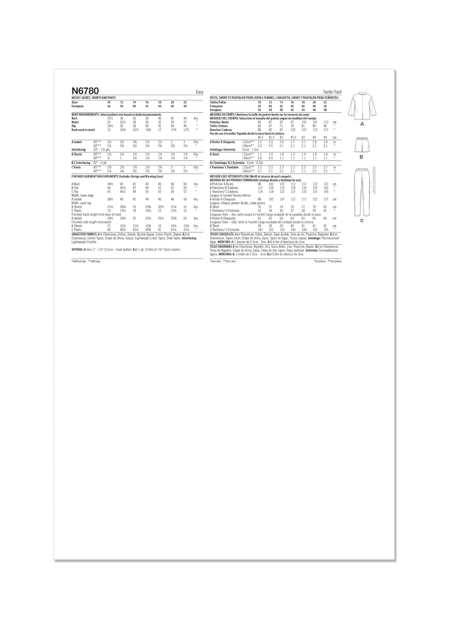 NEW LOOK Paper Pattern UN6780A Misses' Jacket, Shorts and Trousers A (10-12-14-16-18-20-22)