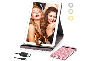 Suupvaor Travel Makeup Mirror with Lights, PU Leather Case LED Lighted Cosmetic Mirror with Holiday Red STRPS Pattern, 3-Color Light Modes Dimming Make Up Mirror