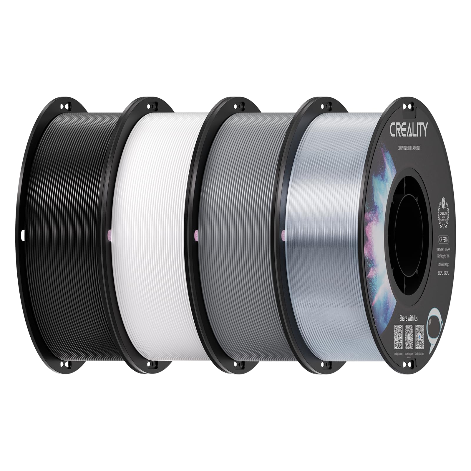 Creality 3D Printer Filament Bundle, PETG Filament 1.75mm Multicolor, Excellent Toughness High Precision, Odorless Non-Toxic Moistureproof, 1 kg X 4 Spools (Black, White, Gray, Transparent) Image