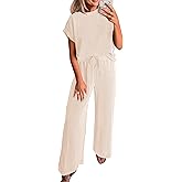 KIRUNDO 2 Piece Sets for Women Dressy Casual Ribbed Knit Short Sleeve Tops Wide Leg Pants Lounge Set Travel Airport Outfits