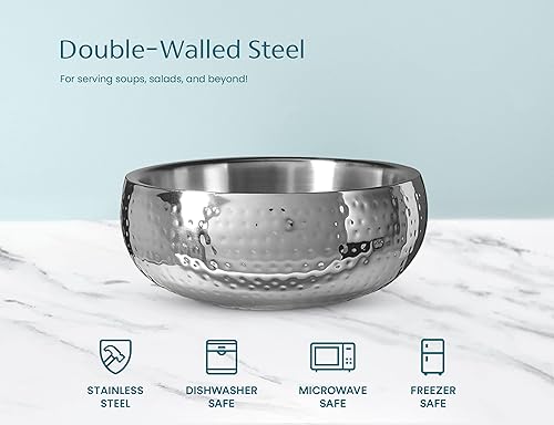KooK Double-Walled Serving Bowl, Hammered Insulated Stainless